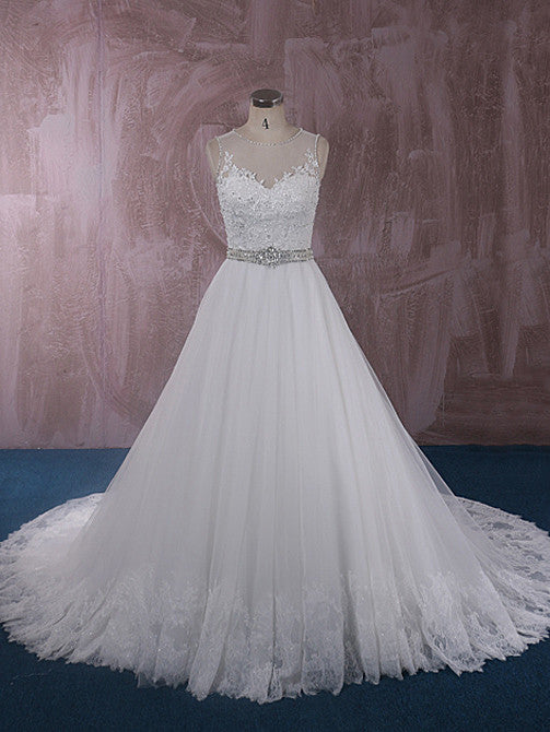 Elegant Ball Gown Lace Wedding Dress with Illusion Neckline and Back | QT815007