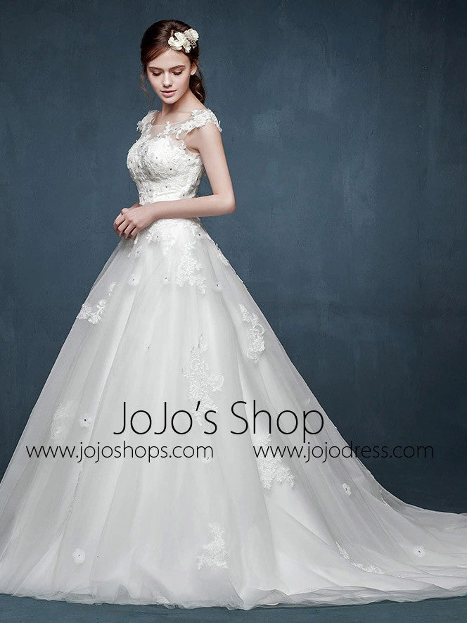 Whimsical Floral Lace A-line Wedding Dress with Cap sleeves
