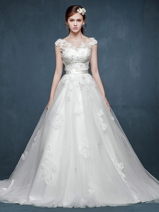 Whimsical Floral Lace A-line Wedding Dress with Cap sleeves