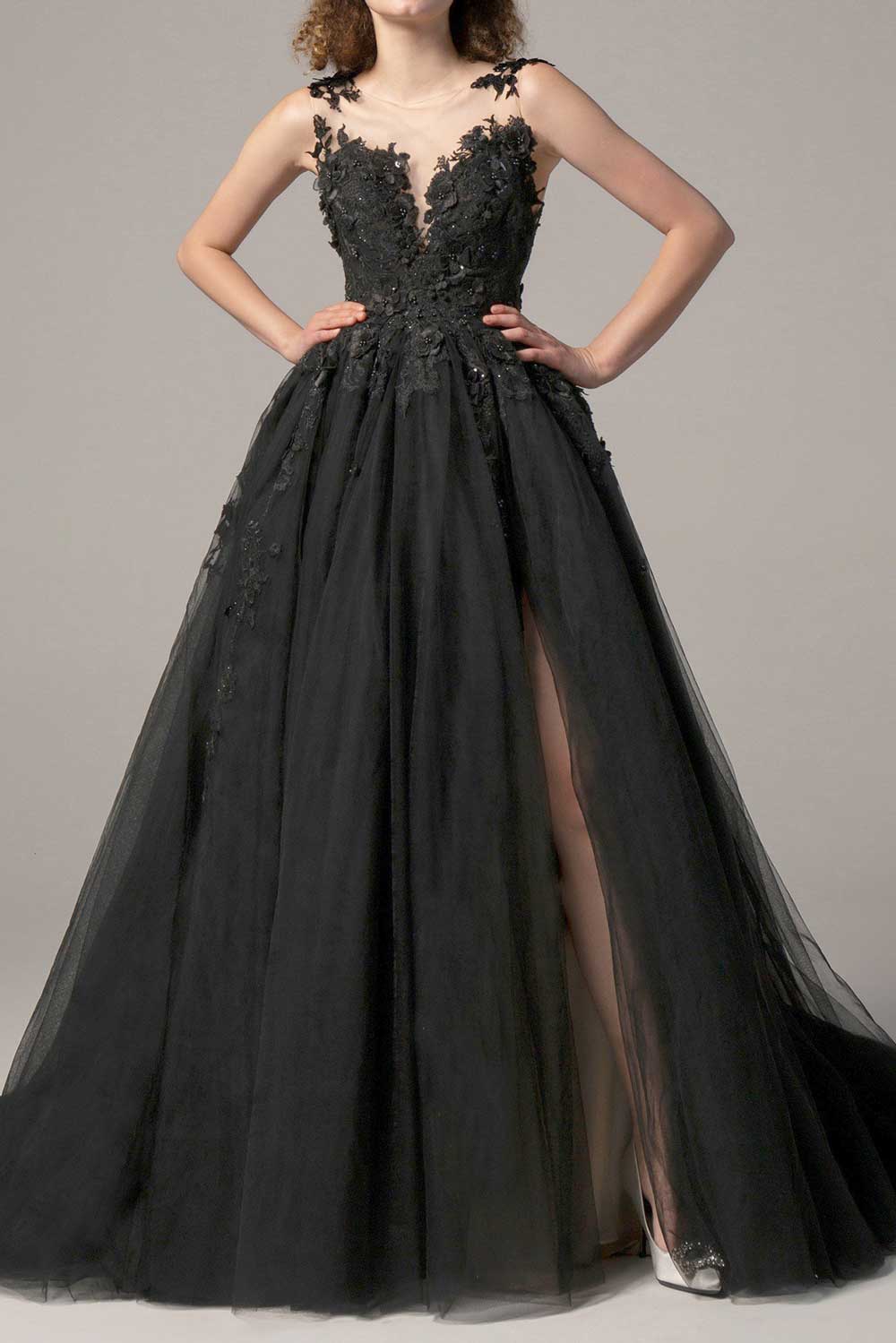 Black Lace Wedding Dress with Side Slit ET3022 JoJo Bridal Shop Black Lace Wedding Dress with Side Slit ET3022 JoJo Bridal Shop