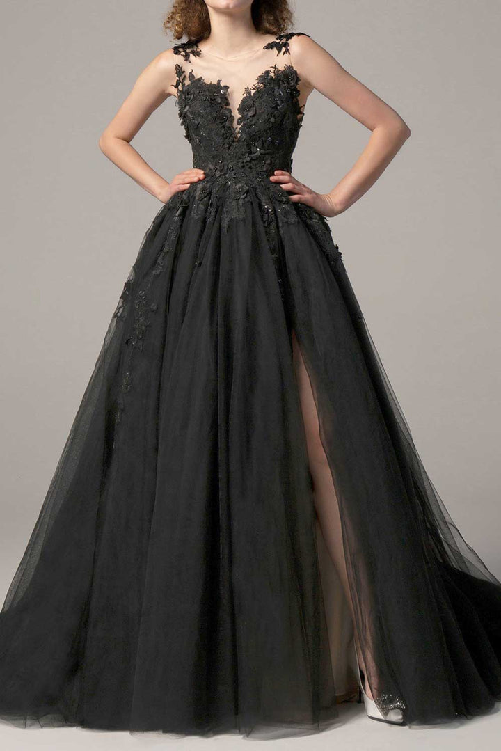 Black Lace Wedding Dress with Side Slit ET3022