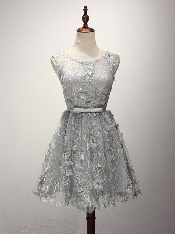 Gray Short Lace Bridesmaid Dress 