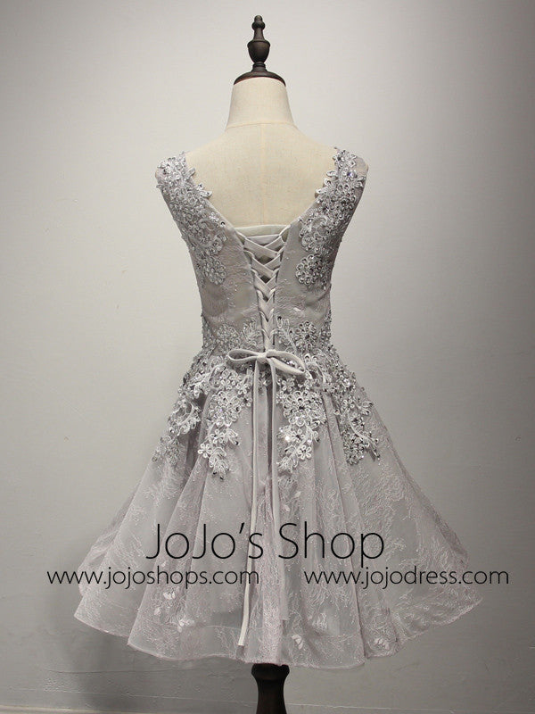 Gray Lace Short Bridesmaid Dress with Beadings