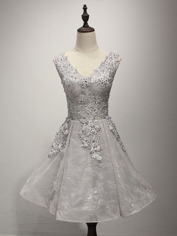 Gray Lace Short Bridesmaid Dress with Beadings