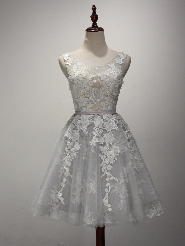 Short Gray Lace Reception Dress
