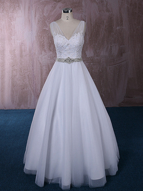 V Neck A-line Wedding Dress with Lace and Crystal Sash | QT815007A