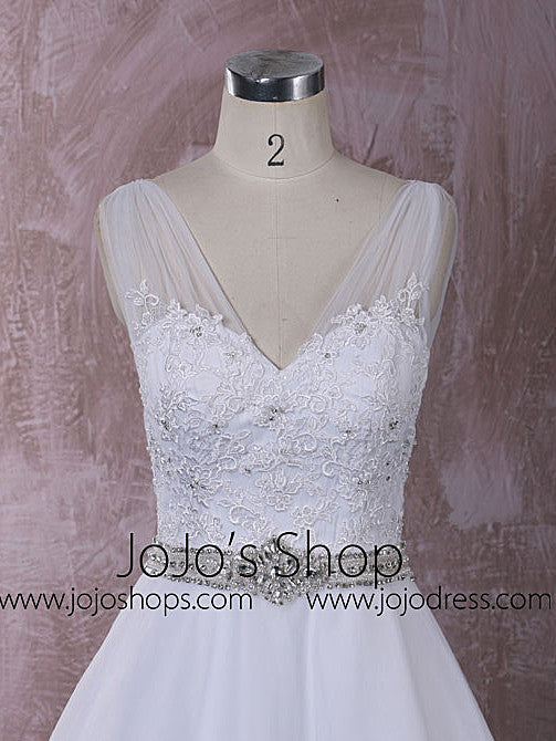 V Neck A-line Wedding Dress with Lace and Crystal Sash | QT815007A