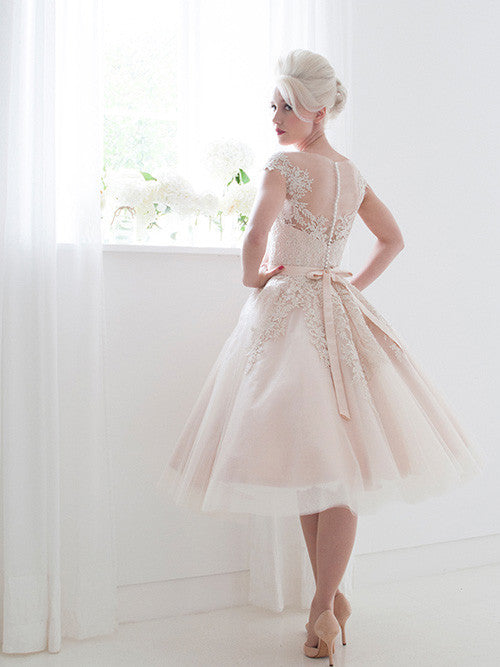 Retro Frosty Pink Knee Length Wedding Dress with Cap Sleeves – JoJo Shop