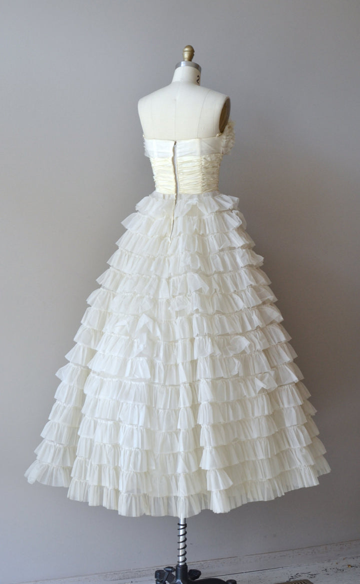 Retro Strapless Tea Length Wedding Dress with Tiered Ruffles