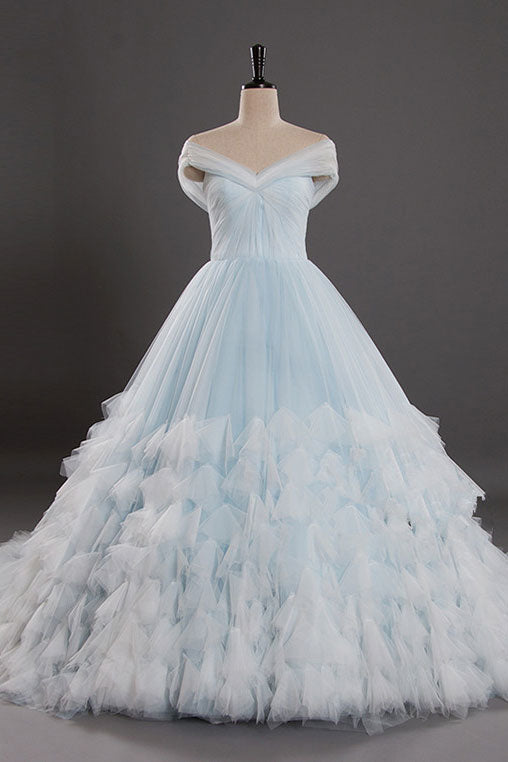 Off the Shoulder Light Blue Ball Gown Wedding Dress AL3015