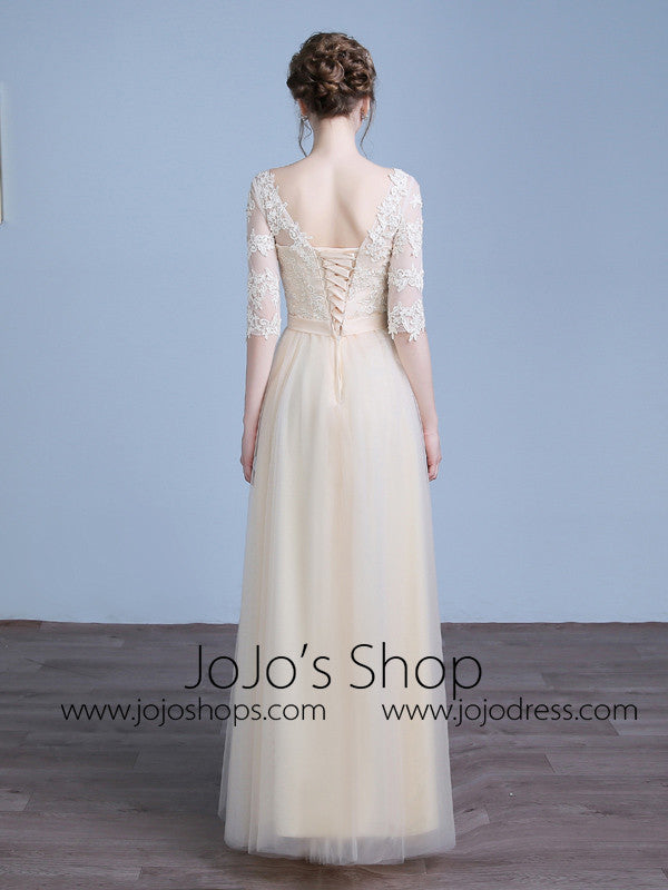 Champagne Lace Tulle Bridesmaid Dress with Sleeves