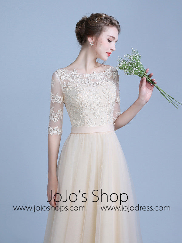 Champagne Lace Tulle Bridesmaid Dress with Sleeves