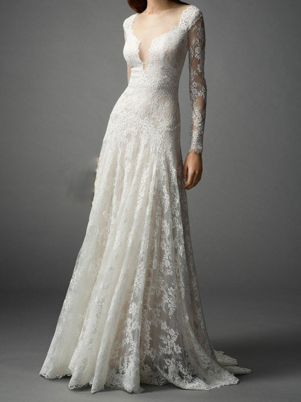 Slim A-line Lace Wedding Dress with Long Sleeves