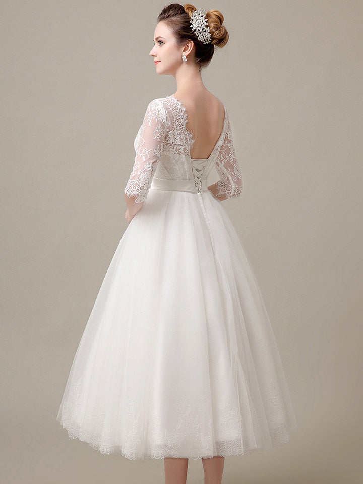 Retro Tea Length Lace Wedding Dress with Long Sleeves