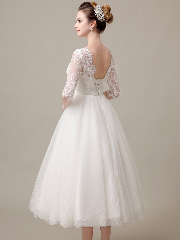 Retro Tea Length Lace Wedding Dress with Long Sleeves