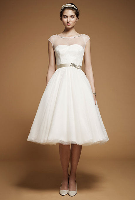 Modern Knee Length Wedding Dress with Illusion Neckline