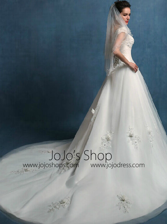 Elegant A-line Wedding Dress with Off Shoulder Cap Sleeves | LW2003