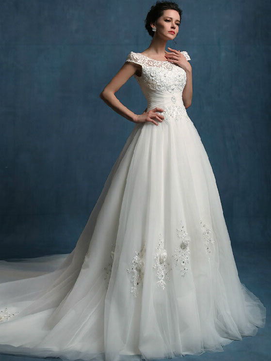 Elegant A-line Wedding Dress with Off Shoulder Cap Sleeves | LW2003