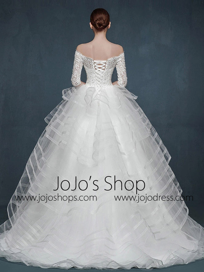Half Sleeve Off Shoulder Modern Striped Ball Gown Wedding Dress