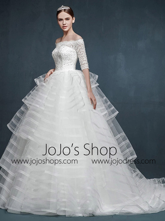 Half Sleeve Off Shoulder Modern Striped Ball Gown Wedding Dress