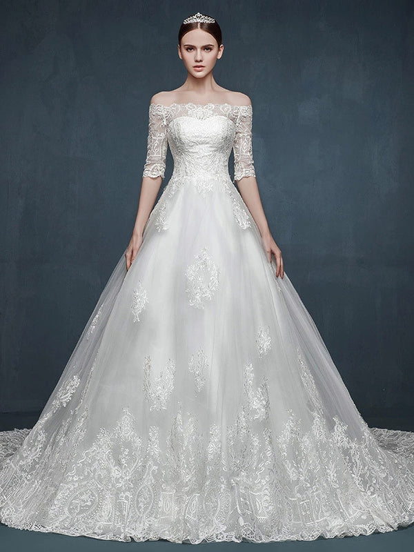 A-line Lace Wedding Dress with Off Shoulder Sleeves