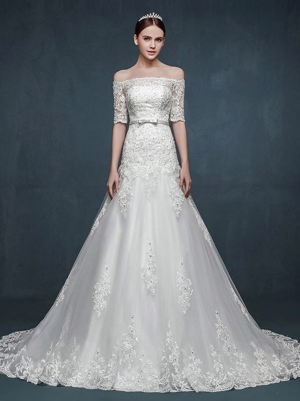 Off Shoulder A-line Lace Wedding Dress with Dropped Waist