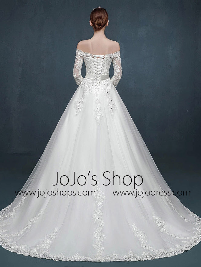 Off Shoulder Long Sleeves A-line Lace Wedding Dress