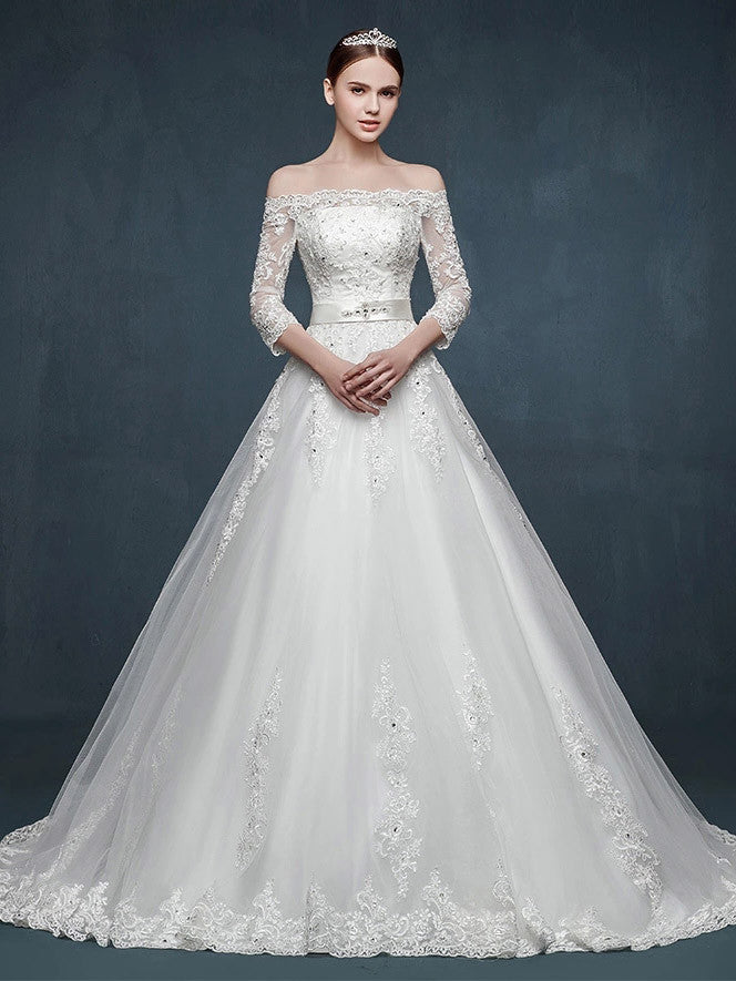 Off Shoulder Long Sleeves A-line Lace Wedding Dress – JoJo Bridal Shop