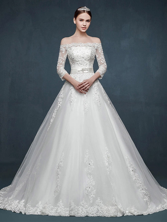 Off Shoulder Long Sleeves A-line Lace Wedding Dress
