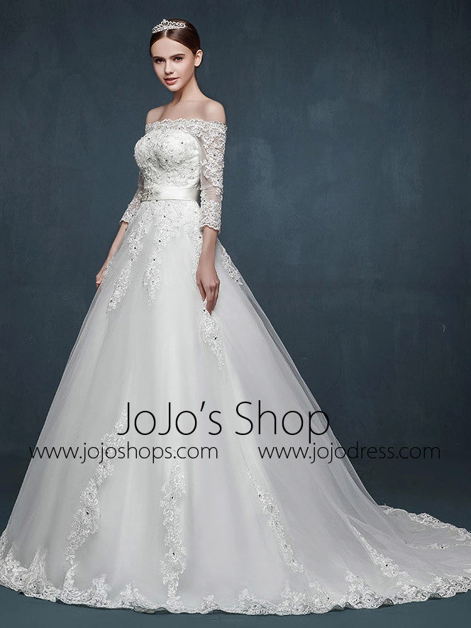 Off Shoulder Long Sleeves A-line Lace Wedding Dress