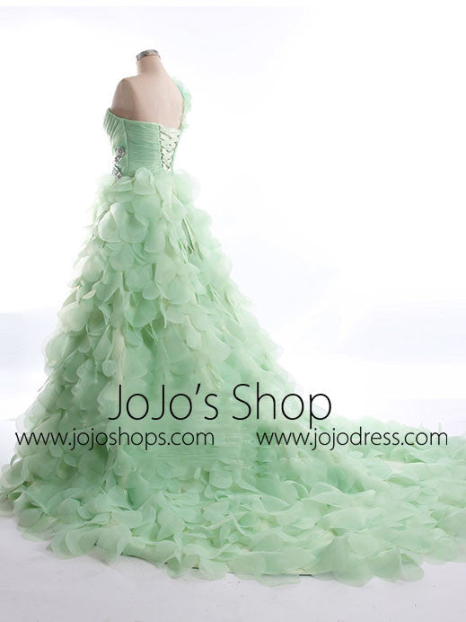 Green One Shoulder Wedding Dress with Organza Petal Skirt | RS5003