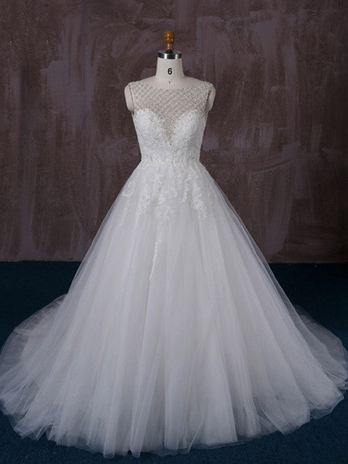 Lace Ball Gown Wedding Dress with Jeweled Neckline | QT85280