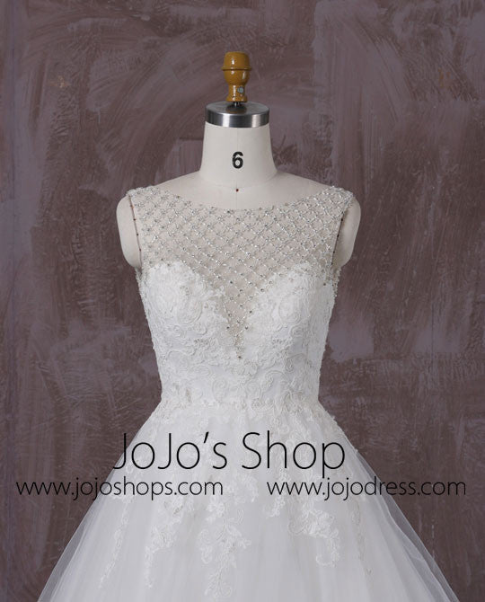 Lace Ball Gown Wedding Dress with Jeweled Neckline | QT85280