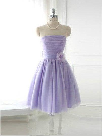 Purple Short Strapless Tulle Bridesmaid Dress