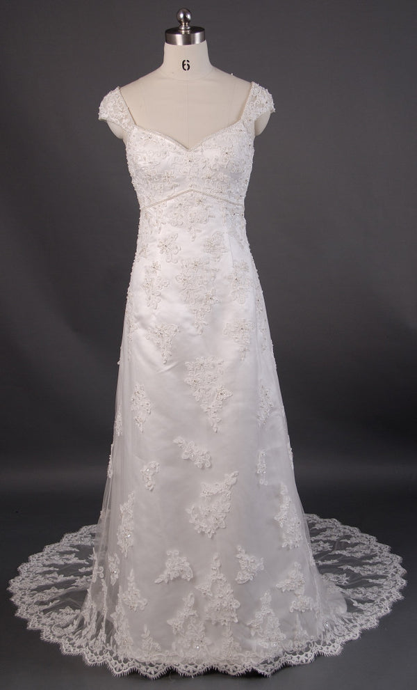 Retro 1920s Regency Style Lace Empire Wedding Dress with Cap Sleeves