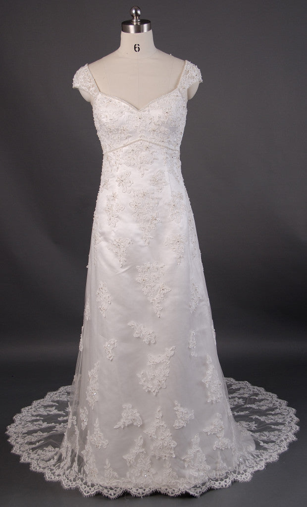 Retro 1920s Regency Style Lace Empire Wedding Dress with Cap Sleeves