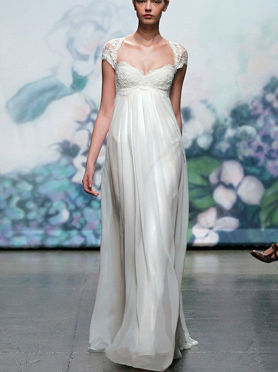 Regency Style Cap Sleeves Lace Wedding Dress with High Empire Waist