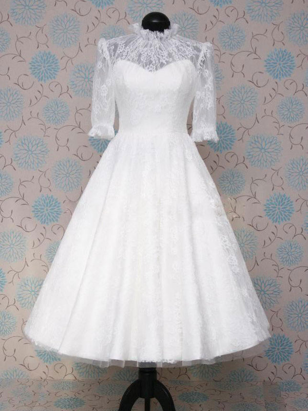 Modest Tea Length Lace Wedding Dress with Sleeves