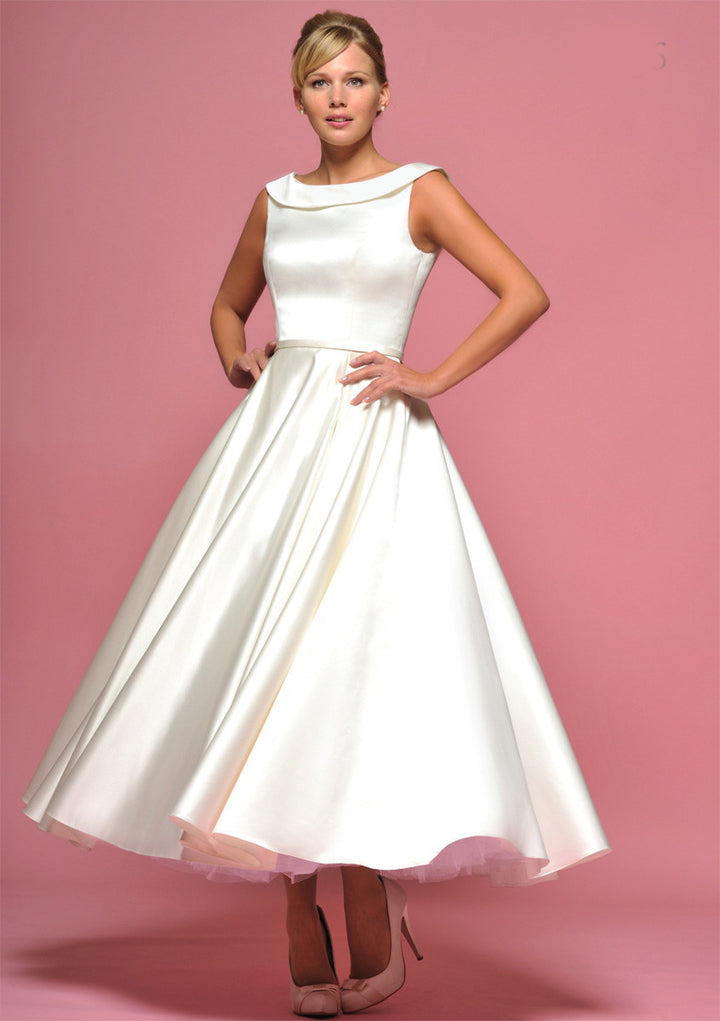 Retro Tea Length Satin Wedding Dress with Collar – JoJo Bridal Shop Retro Tea Length Satin Wedding Dress with Collar – JoJo Bridal Shop