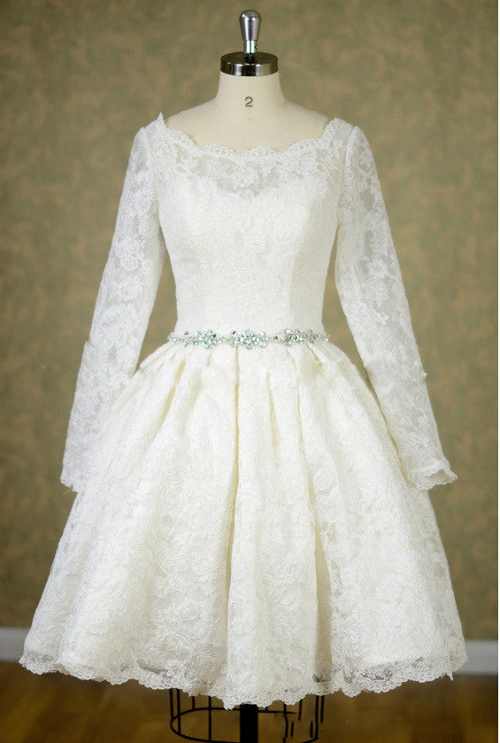 Short Knee Length Lace Long Sleeves Wedding Dress with Jeweled Belt