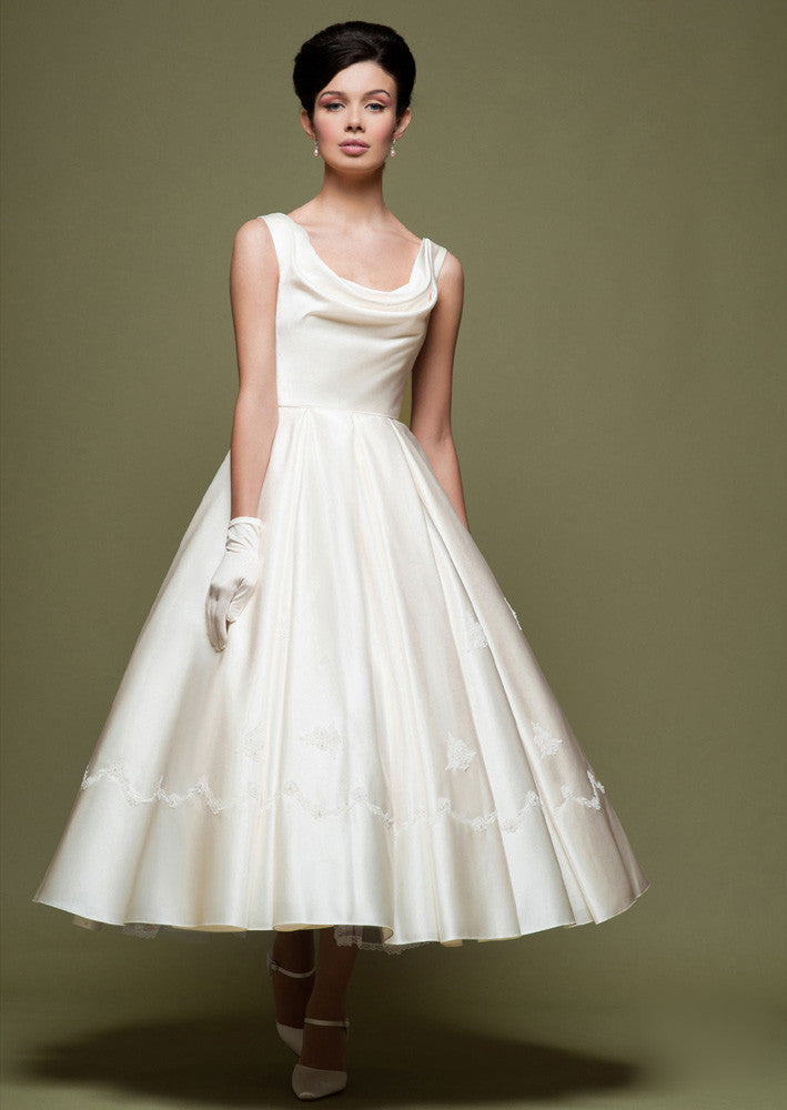 Retro Tea Length Wedding Dress with Cowl Neck