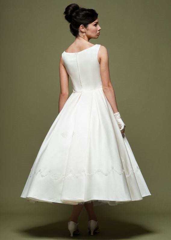vintage boat neck wedding dress Neckline Gown Lace Boat For Wedding Boat Neck Three Quarter Retro Tea Length Wedding Dress