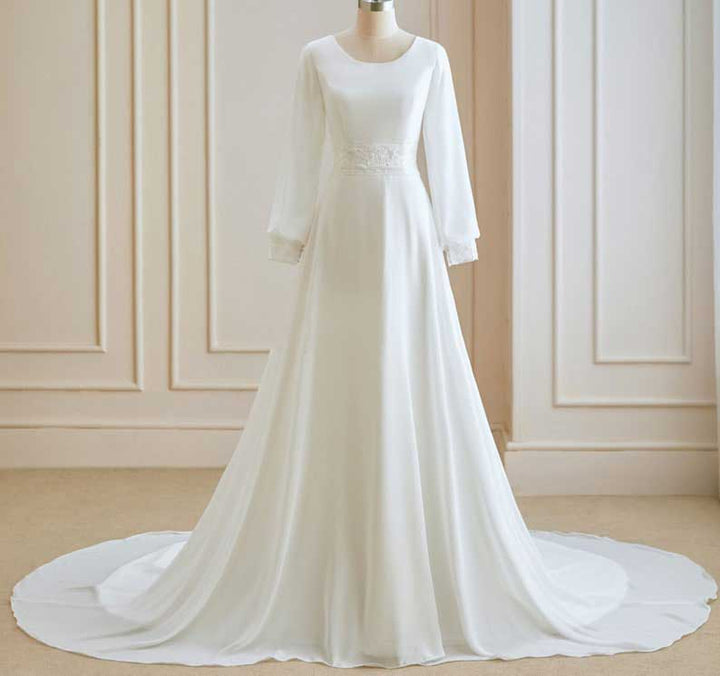 Chiffon Minimalist Wedding Dress with Long Sleeves ET3036 JoJo Bridal Shop Chiffon Minimalist Wedding Dress with Long Sleeves ET3036 JoJo Bridal Shop