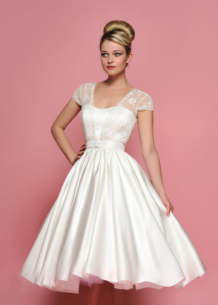 Retro 50s 60s Tea length Cap Sleeves Lace Wedding Dress