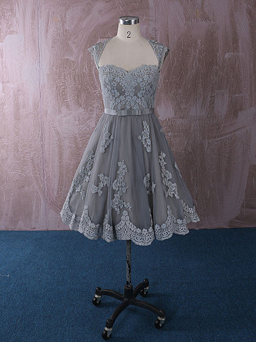 Gray Knee Length Short Lace Wedding Dress with Keyhole Back | QT815013