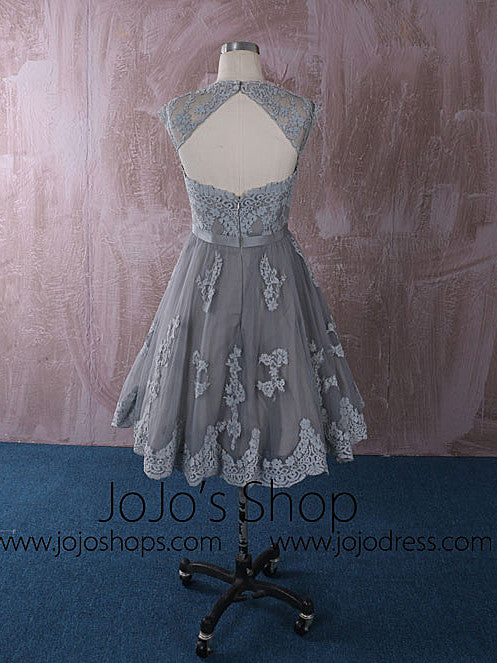Gray Knee Length Short Lace Wedding Dress with Keyhole Back | QT815013
