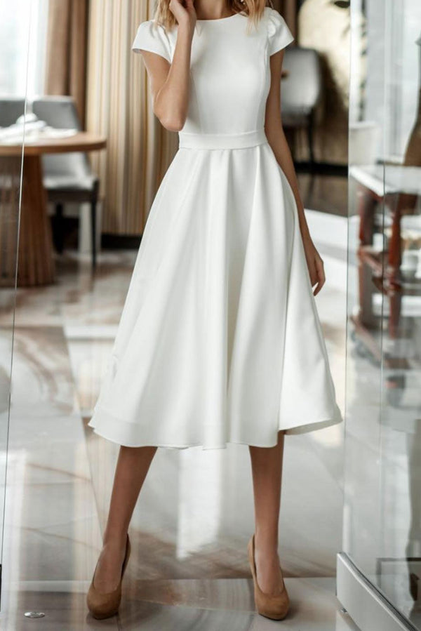 Simple Clean Tea Length Wedding Dress ET3014
