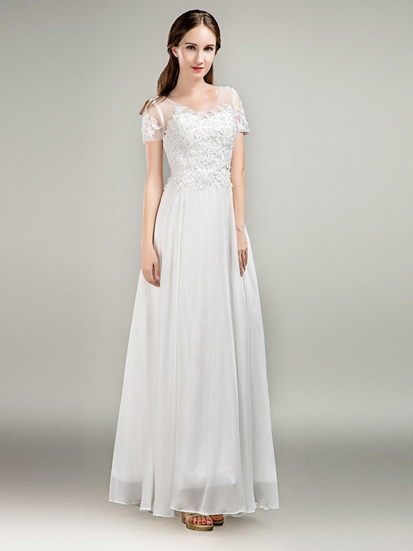Simple Short Sleeves Lace Chiffon Wedding Dress – JoJo Bridal Shop