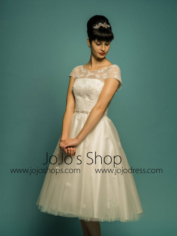 Modest Knee Length Lace Wedding Dress with Short Sleeves
