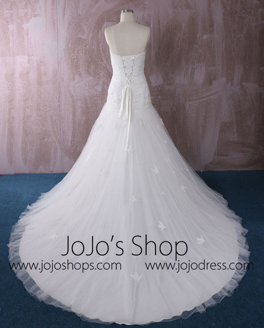 Strapless Fit and Flare Lace Wedding Dress with Asymmetric Skirt | QT85205